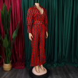 Plus Size Print Bubble Sleeve Tie Jumpsuit GCZF-8559