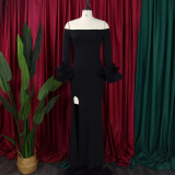 Plus Size One Neck Ruffles Sleeve Split Maxi Dress  GCZF-MG481-C1