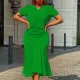 Plus Size Solid Color V Neck Short Sleeve Midi Dress GCZF-8507