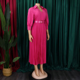 Plus Size Solid Color V Neck Pleated Belt Maxi Dress GCZF-8590