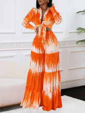 Plus Size Print Long Sleeve Tie Two Piece Pants Set GCZF-8598