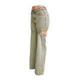 Washed Hollow Out Staight Jeans LX-5538