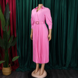 Plus Size Solid Color V Neck Pleated Belt Maxi Dress GCZF-8590