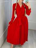 Plus Size V Neck Solid Color Belt Maxi Dress GCZF-8557
