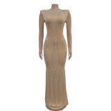 Long Sleeve Mesh Hot Drill Maxi Dress BY-6863