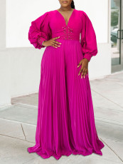 Plus Size Long Sleeve Wide Leg Pressed Pleat Jumpsuit GCZF-8603