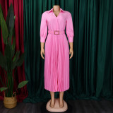 Plus Size Solid Color V Neck Pleated Belt Maxi Dress GCZF-8590
