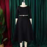 Plus Size Solid Color Half Sleeve Midi Dress(With Belt) GCZF-8600