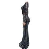 Long Sleeve Mesh Hot Drill Maxi Dress BY-6863