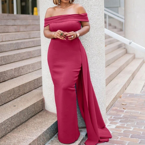 Plus Size One Shoulder Solid Color Evening Dress GCZF-8433