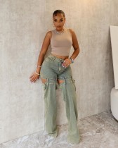 Washed Hollow Out Staight Jeans LX-5538