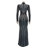 Long Sleeve Mesh Hot Drill Maxi Dress BY-6863