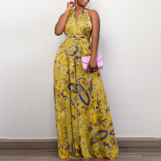 Plus Size Print Halter Backless Jumpsuit  GCZF-8487