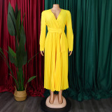 Plus Size V Neck Solid Color Belt Maxi Dress GCZF-8557
