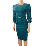 Plus Size Solid Color Long Sleeve Midi Dress GCZF-D092