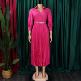 Plus Size Solid Color V Neck Pleated Belt Maxi Dress GCZF-8590