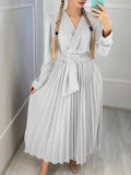 Plus Size V Neck Solid Color Belt Maxi Dress GCZF-8557