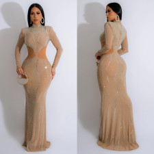 Long Sleeve Mesh Hot Drill Maxi Dress BY-6863