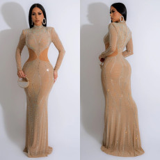 Long Sleeve Mesh Hot Drill Maxi Dress BY-6863