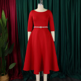 Plus Size Solid Color Half Sleeve Midi Dress(With Belt) GCZF-8600