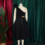 Plus Size Solid Color Slash Shoulder Midi Dress(Without Belt) GCZF-8607