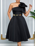 Plus Size Solid Color Slash Shoulder Midi Dress(Without Belt) GCZF-8607