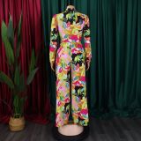Plus Size Lapel Print Shirt Wide Leg Pants Suit GCZF-8597