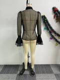 Plus Size Mesh Patchwork Shirt Two Piece Skirts Set NY-10918