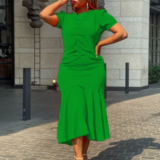 Plus Size Solid Color V Neck Short Sleeve Midi Dress GCZF-8507