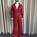 Plus Size Print Long Sleeve Straight Jumpsuit GCZF-8442