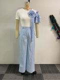 Plus Size Short Sleeve Stripe Loose Two Piece Pants Set NY-3271