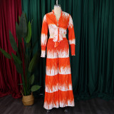 Plus Size Print Long Sleeve Tie Two Piece Pants Set GCZF-8598