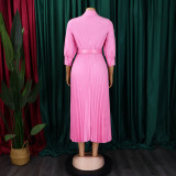 Plus Size Solid Color V Neck Pleated Belt Maxi Dress GCZF-8590