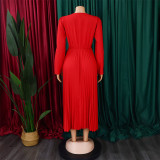 Plus Size V Neck Solid Color Belt Maxi Dress GCZF-8557