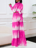 Plus Size Print Long Sleeve Tie Two Piece Pants Set GCZF-8598