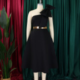 Plus Size Solid Color Slash Shoulder Midi Dress(Without Belt) GCZF-8607