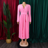 Plus Size V Neck Solid Color Belt Maxi Dress GCZF-8557