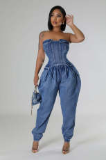 Sexy Wrap Chest Slim Denim Jumpsuit LX-6035