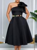 Plus Size Solid Color Slash Shoulder Midi Dress(Without Belt) GCZF-8607