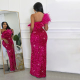 Plus Size Feather Patchwork Sequin Maxi Dress GCZF-8591
