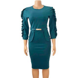 Plus Size Solid Color Long Sleeve Midi Dress GCZF-D092