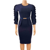 Plus Size Solid Color Long Sleeve Midi Dress GCZF-D092