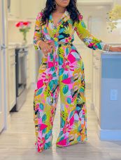 Plus Size Lapel Print Shirt Wide Leg Pants Suit GCZF-8597