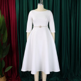 Plus Size Solid Color Half Sleeve Midi Dress(With Belt) GCZF-8600