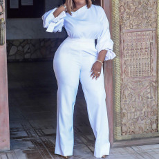 Plus Size Long Sleeve Solid Slash Shoulder Jumpsuit GCZF-8425