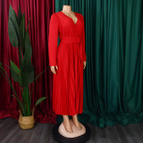 Plus Size V Neck Solid Color Belt Maxi Dress GCZF-8557
