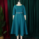 Plus Size Solid Color Half Sleeve Midi Dress(With Belt) GCZF-8600