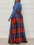 Plus Size Denim Patchwork Plaid Maxi Dress GCZF-D452-C1