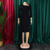 Plus Size Pleated 3/4 Sleeve Solid Midi Dress GCZF-8516