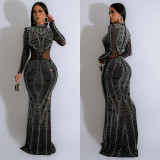 Long Sleeve Mesh Hot Drill Maxi Dress BY-6863